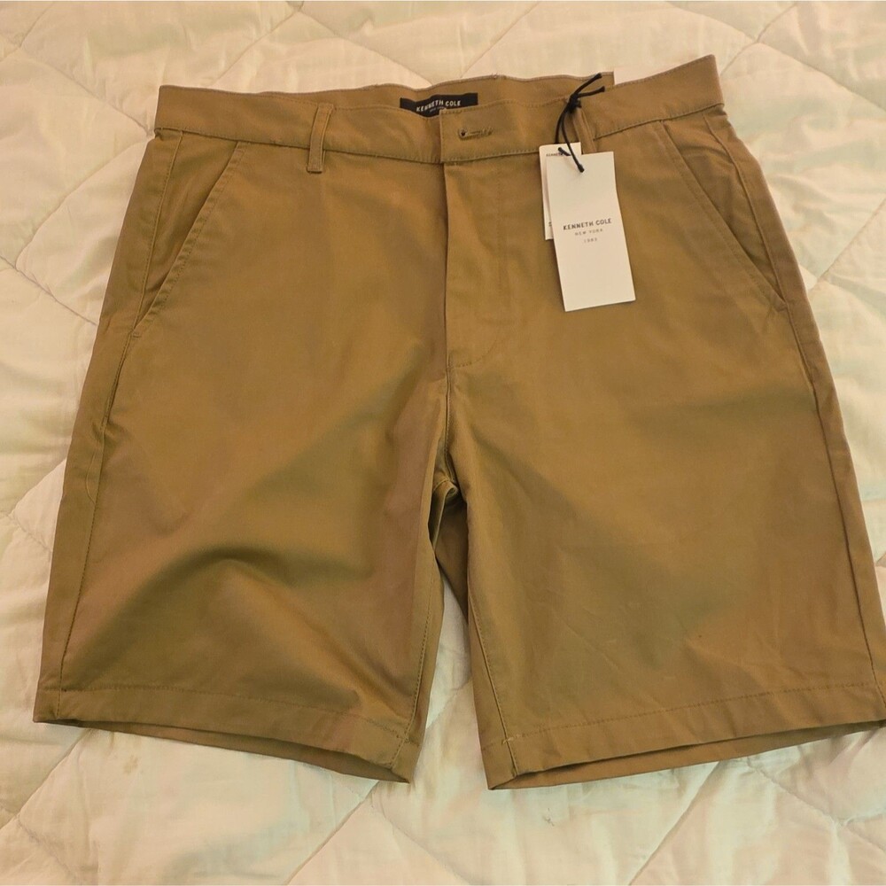 Kenneth Cole Men's Khaki Cotton Chino Shorts Flat Front Zip Slash Pockets